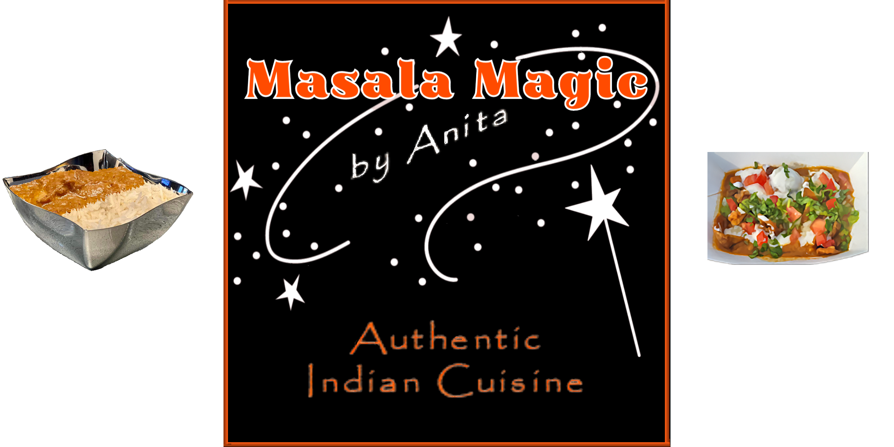 Stars and lines surround the Masala Magic text. Also includes Authentic Indian Cuisine as text